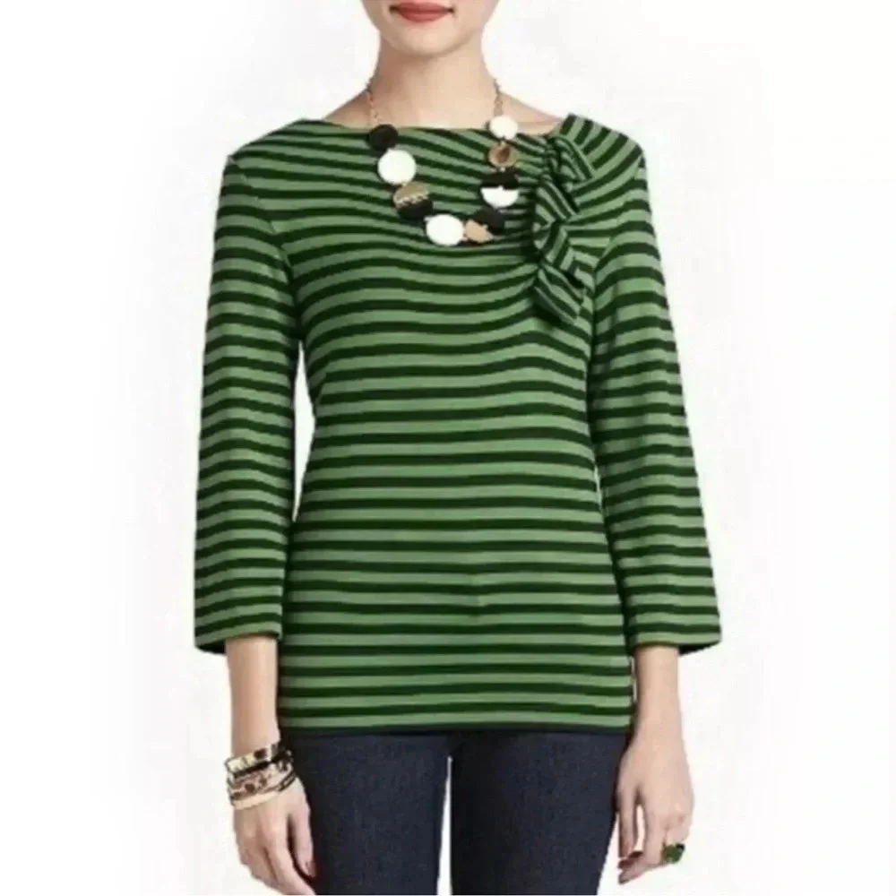 KATE SPADE Cameo Green and Navy Blue Striped Front Crinkle‎ Shirt Top Size XS